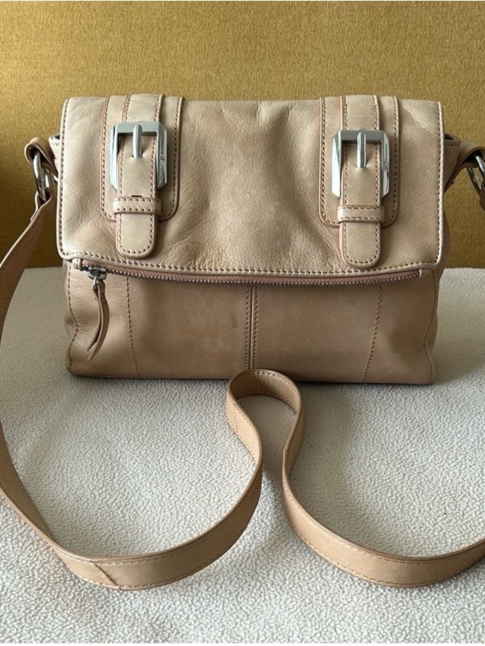 Beige Leather Crossbody Bag with Buckle Accents B Makowsky